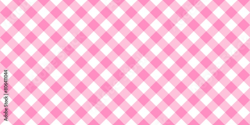 Pink and white diagonal gingham pattern. Textile design for teenage or baby girl. Tablecloth, picnic plaid, basket napkin, towel or handkerchief print. Checkered background. Vector flat illustration.