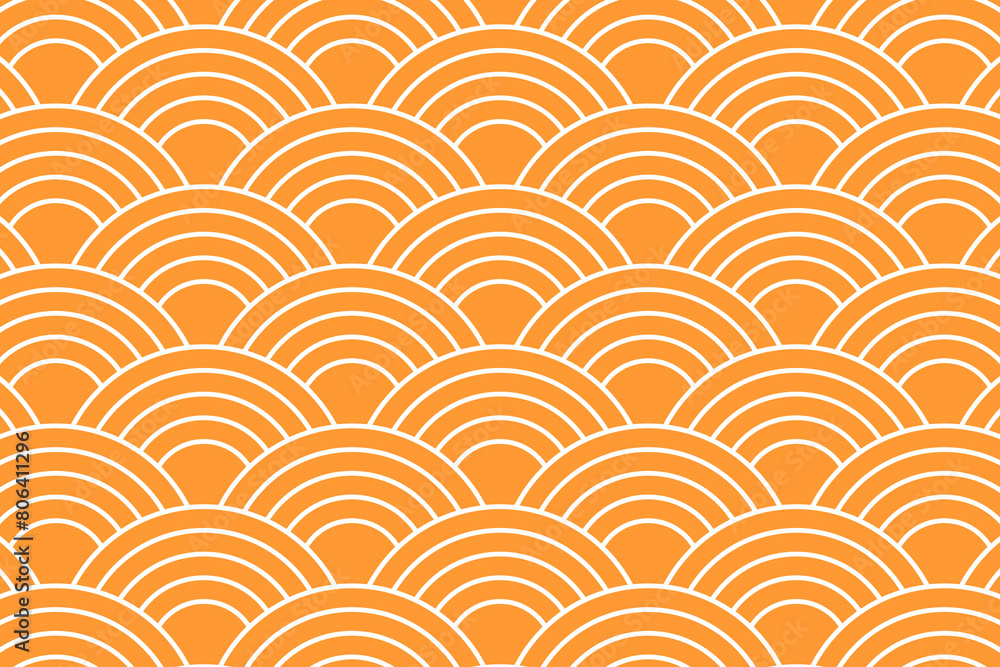 Orange arch shapes. Repeating suns wallpaper. Japanese seigaiha pattern. Sea or ocean waves background. Scallops print. Fish squama or dragon scale. Simple geometric ornament. Vector flat illustration Orange arch shapes. Repeating suns wallpaper. Japanese seigaiha pattern. Sea or ocean waves background. Scallops print. Fish squama or dragon scale. Simple geometric ornament. Vector flat illustration
