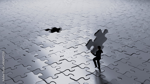 3d render of man placing the last piece of a giant jigsaw puzzle in place.
