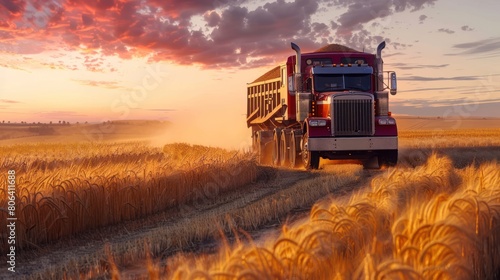 Harvest Season Haul: Vibrant Truck Transporting Grain Through Scenic Rural Landscape photo