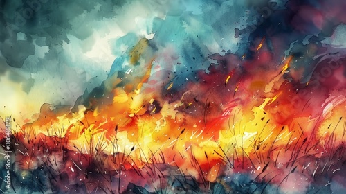 Captivating watercolor painting of a stormy field with vibrant flames engulfing the foreground  blending chaos with beauty.