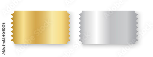 Gold and silver ticket mockups. Shining metallic raffle, winning lottery, VIP coupon offer, jackpot lotto templates. Entrance or seating cards in exclusive luxury style. Vector realistic illustration.