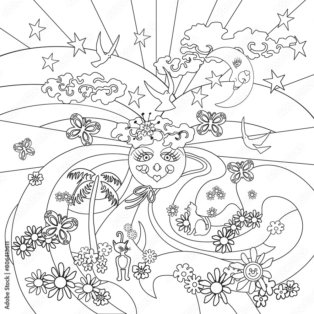 Fototapeta premium Coloring Page Groovy Rainbow 70s Paradise