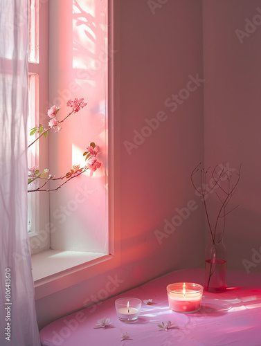 Burning candles and a vase with apple tree branches on a pink table near the window. Vertical frame. (ID: 806413670)