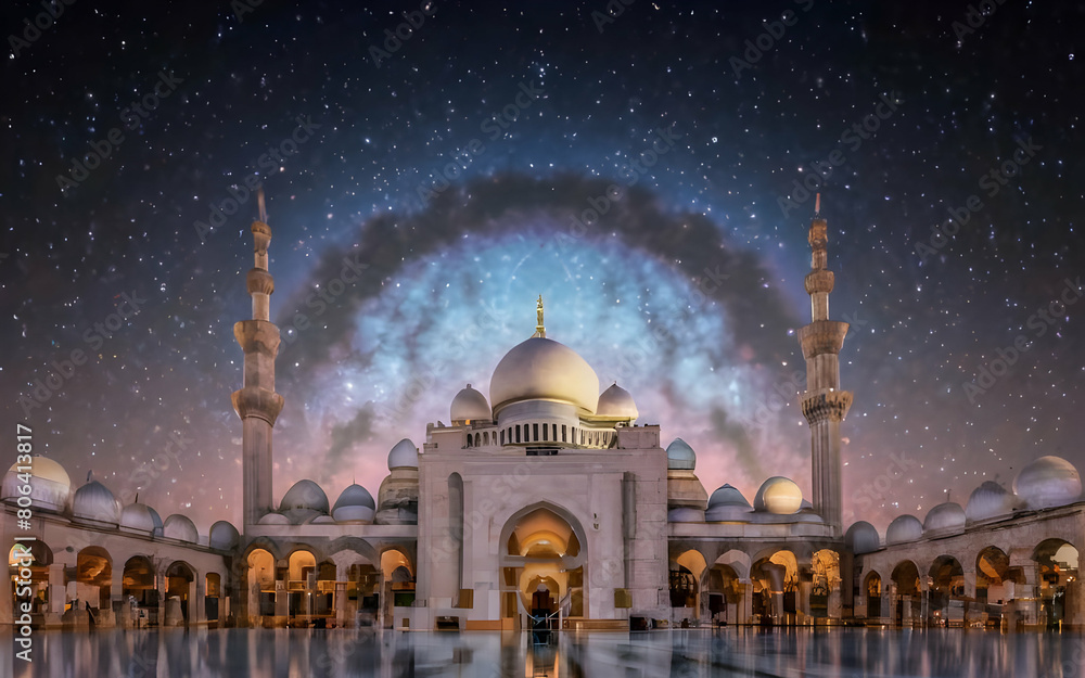 Obraz premium view of the mosque with a beautiful galaxy sky background