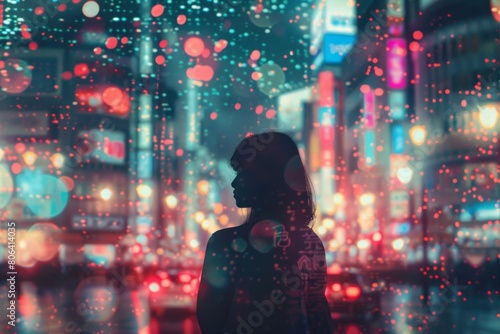 Illustration of a silhouette of a woman with the background of Tokyo City in Japan with retro vibes , vibrant color , City Pop