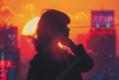 Illustration of a silhouette of a woman with the background of Tokyo City in Japan with retro vibes , vibrant color , City Pop 