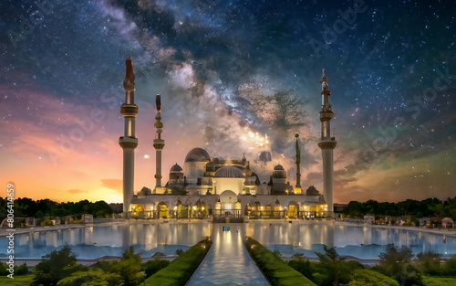 view of the mosque with a beautiful galaxy sky background