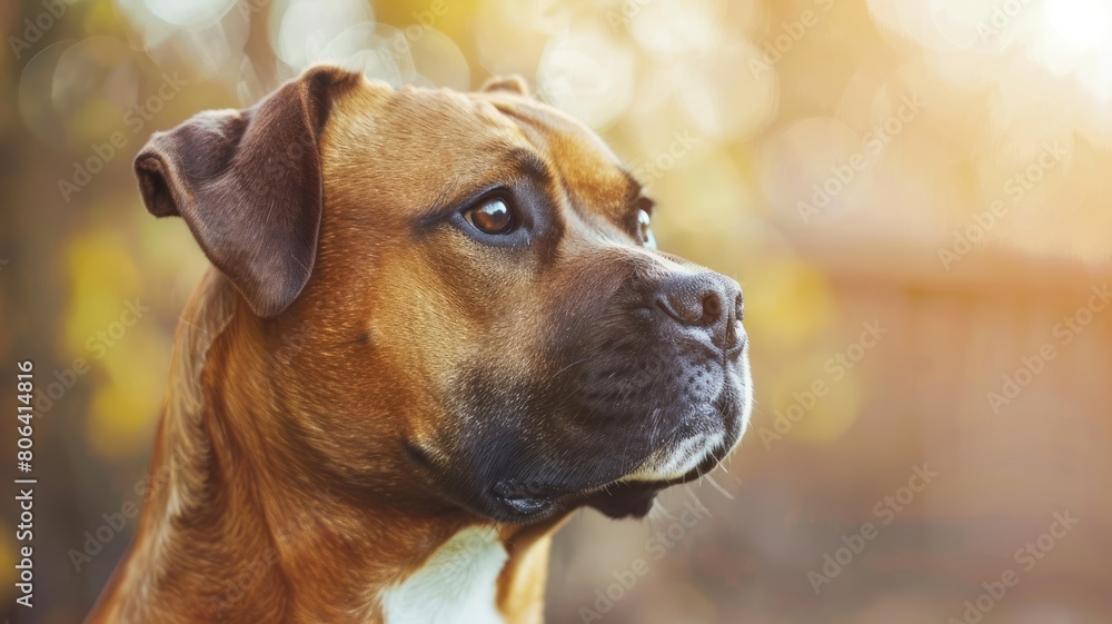 Fototapeta premium Brown dog with thoughtful expression against blurred autumnal background