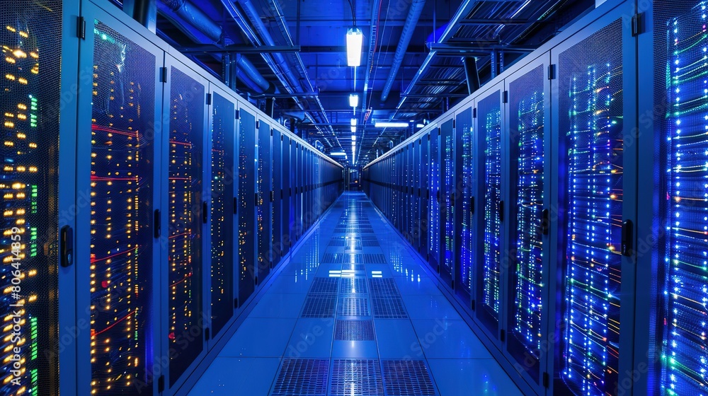Fototapeta premium Rack Server on server room Data center, server room security, data center server, web host warehouse data server cabinets network storage database.