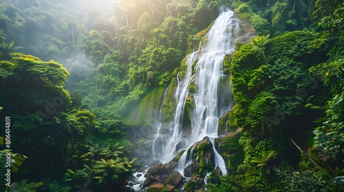 Beautiful waterfall in lush tropical green forest. Nature landscape. Mae Ya Waterfall is situated in Doi Inthanon National Park  Chiang Mai  Thailand. Waterfall flows through jungle on mountainside.