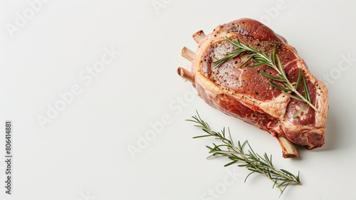 Raw, seasoned steak with rosemary on white background