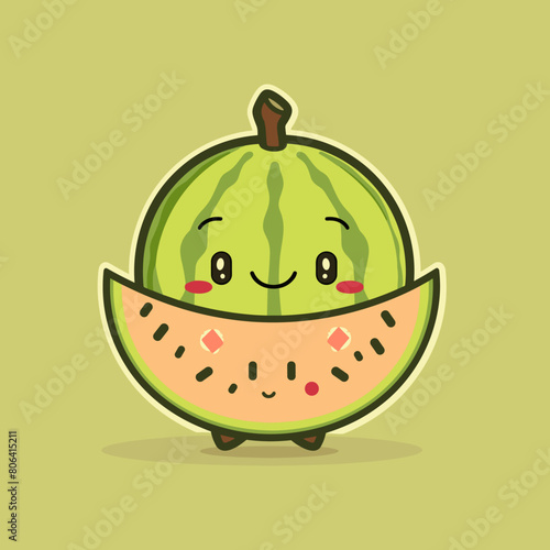 A cartoon watermelon with a smile on its face. It is cut in half and has a bite taken out of it