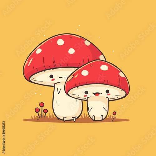 Two cartoon mushrooms are sitting next to each other on a yellow background. The mushrooms are smiling and appear to be happy