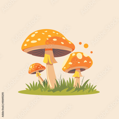 A cartoon drawing of three mushrooms, one of which is smiling. The mushrooms are sitting in a field of grass