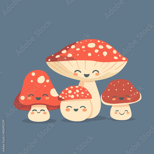 Three cartoon mushrooms. The image has a cute and playful mood, with the mushrooms looking like they are enjoying their time together