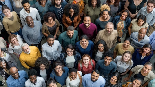 From directly above multi ethnic large group of people looking at camera. Concept of teamwork, democracy, pride, fair.