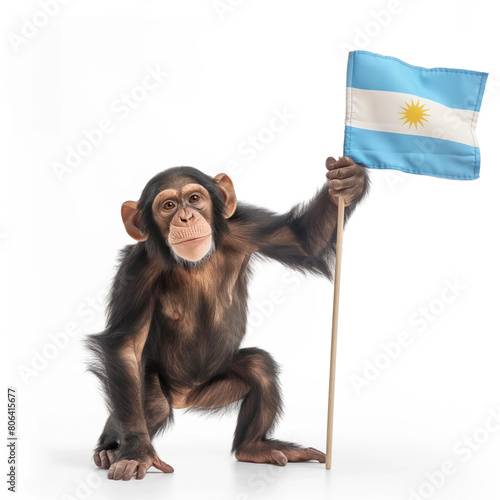 chimpanzee waving an Argentinian flag on white background
