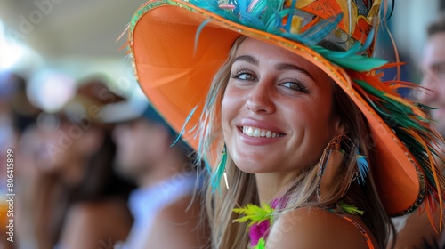 Festive Kentucky Derby Spectator Sipping Mint Julep in Vibrant Feathered Hat Amid Cheering Crowd