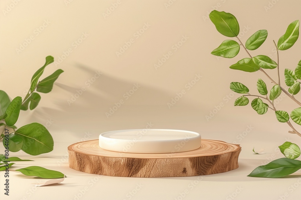 Minimal modern product display on neutral beige background. Wood slice podium and green leaves. Concept scene stage showcase for new product,
