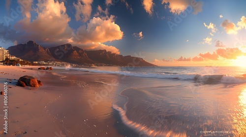 Cape Town Sunset over Camps Bay Beach with Table Mountain and Twelve Apostles in the Background 