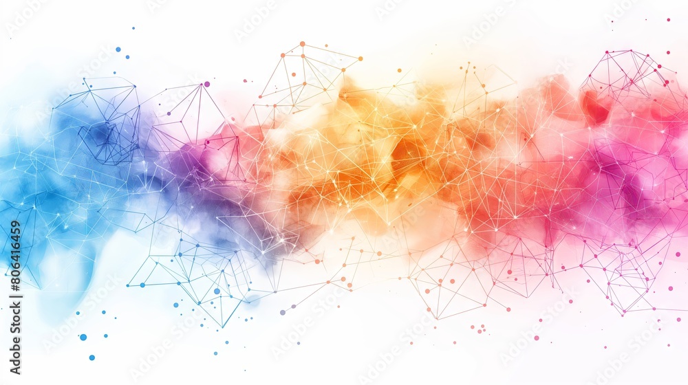 Featuring interconnected nodes and polygonal shapes, an abstract technological background is showcased on a white backdrop, representing a digital network concept applicable to business or science.