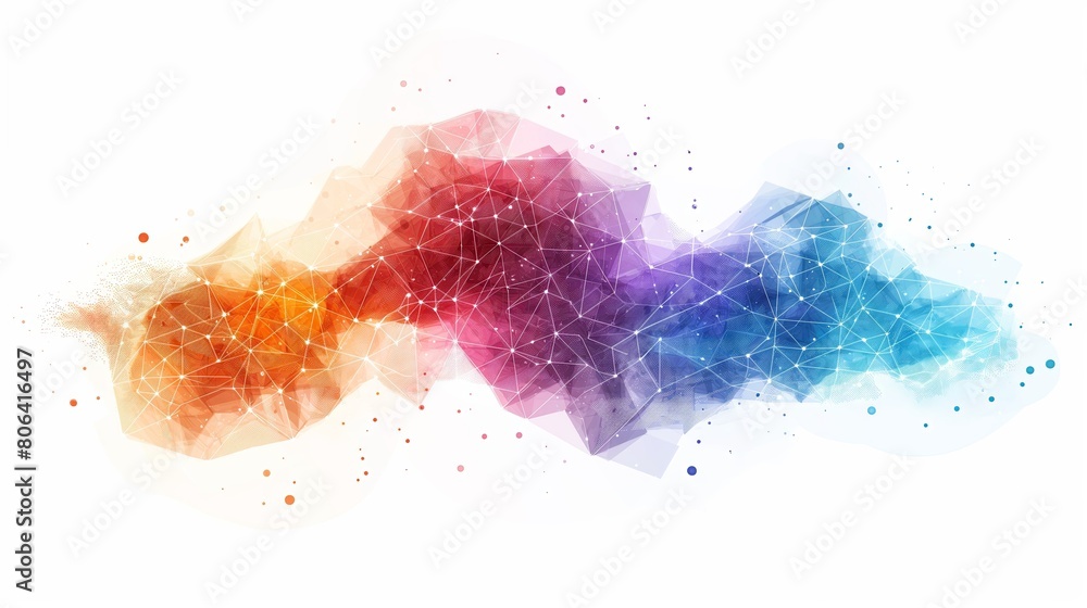 Illustrating an abstract technology concept, interconnected nodes and polygonal shapes adorn a white background, offering a digital network theme applicable to business or science.