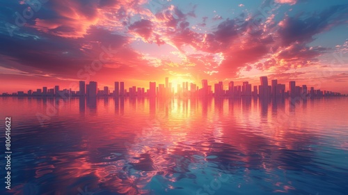3D rendering of a modern city with glass buildings and skyscrapers at sunset  with reflections on the water surface.