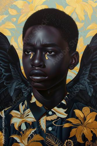 Painting of a Dark Skin Angel with Black wings and a button-up Floral Print shirt, with Golden Tears, bright floral Background