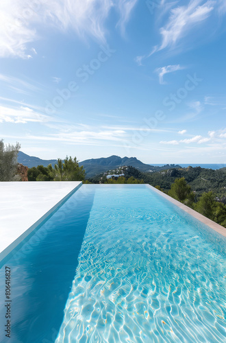 Infinity pool overlooking the green mountain landscape and the sea © Myroslava