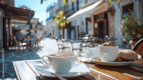 Coffee and food on a table for lunch in an outdoor cafe in a typical Greek traditional town in Greece. 
