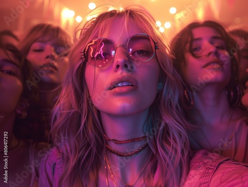 Close-up of a young woman with sunglasses reflecting party lights, surrounded by friends in a lively, neon-lit setting.