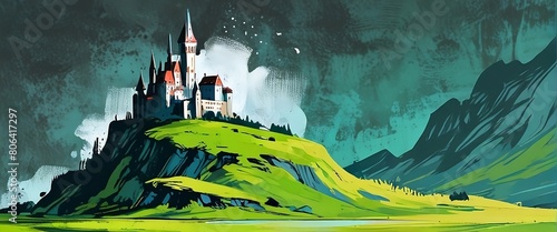 Beautiful fairy tale castle in green pastures and hills. Illustration. Generative AI