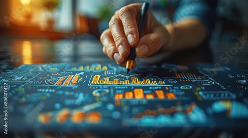 Close-up of a hand meticulously marking financial graphs and data with a pen on a paper chart, symbolizing in-depth business analysis. photo