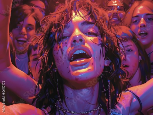 In the photo is a young woman with wet hair and closed eyes  surrounded by a crowd of concert goers. She has her hands raised in the air and is singing along to the music.