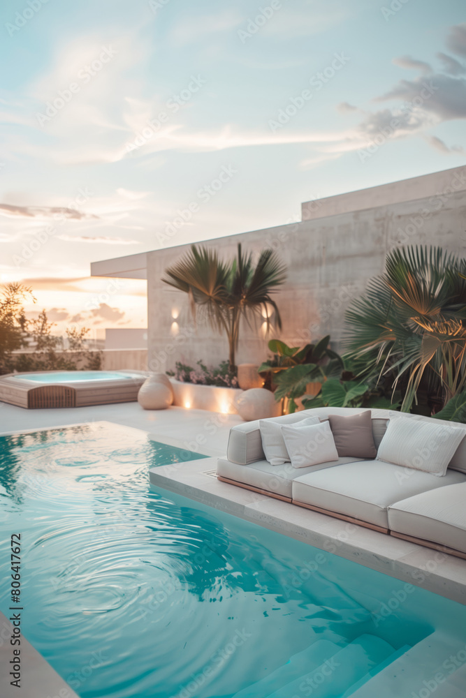 Fototapeta premium Outdoor pool area with modern furniture, surrounded by garden with tropical plants and trees