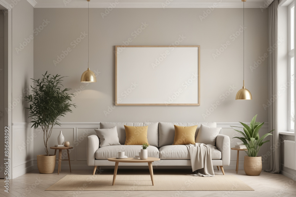 Poster frame mock-up in home interior background, living room in beige and brown colors,3d render Poster frame mock-up in home interior background, living room in beige and brown colors,3d render