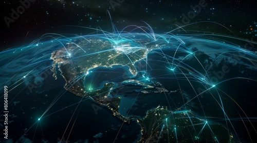 Global network of communication lines connecting North America  South America and Europe on Earth s surface against a dark background