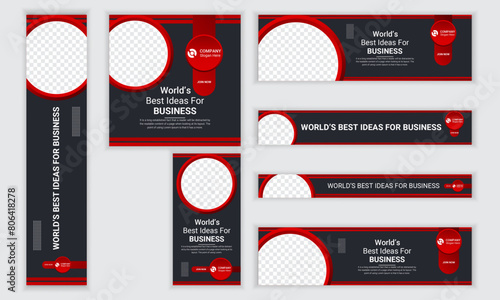 set of web banners of different sizes with diagonal red elements and a place for photos.