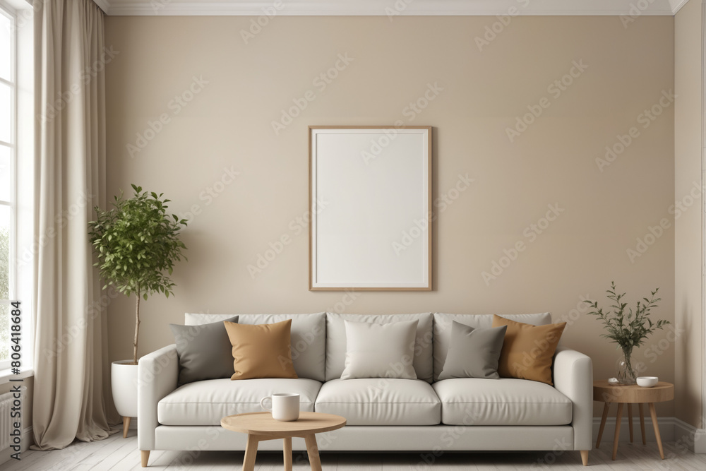 Fototapeta premium Poster frame mock-up in home interior background, living room in beige and brown colors,3d render
