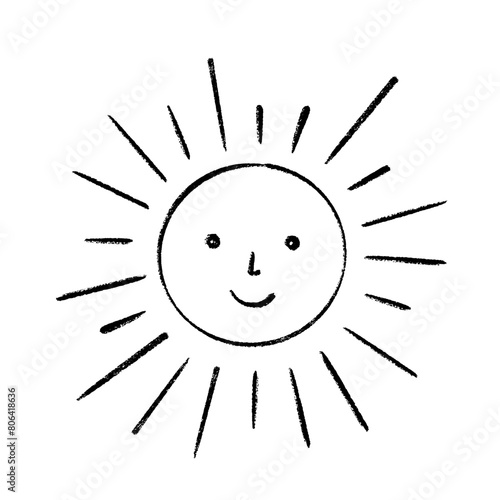 Smiling sun hand drawn vector illustration, kid's drawing chalk imitation, doodle funny face icon, crayon, textured brush image graphic element for card, children book, summer poster, vacation decor © Contes de fée 