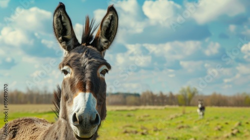 Close-up of donkey in field with another background under blue sky