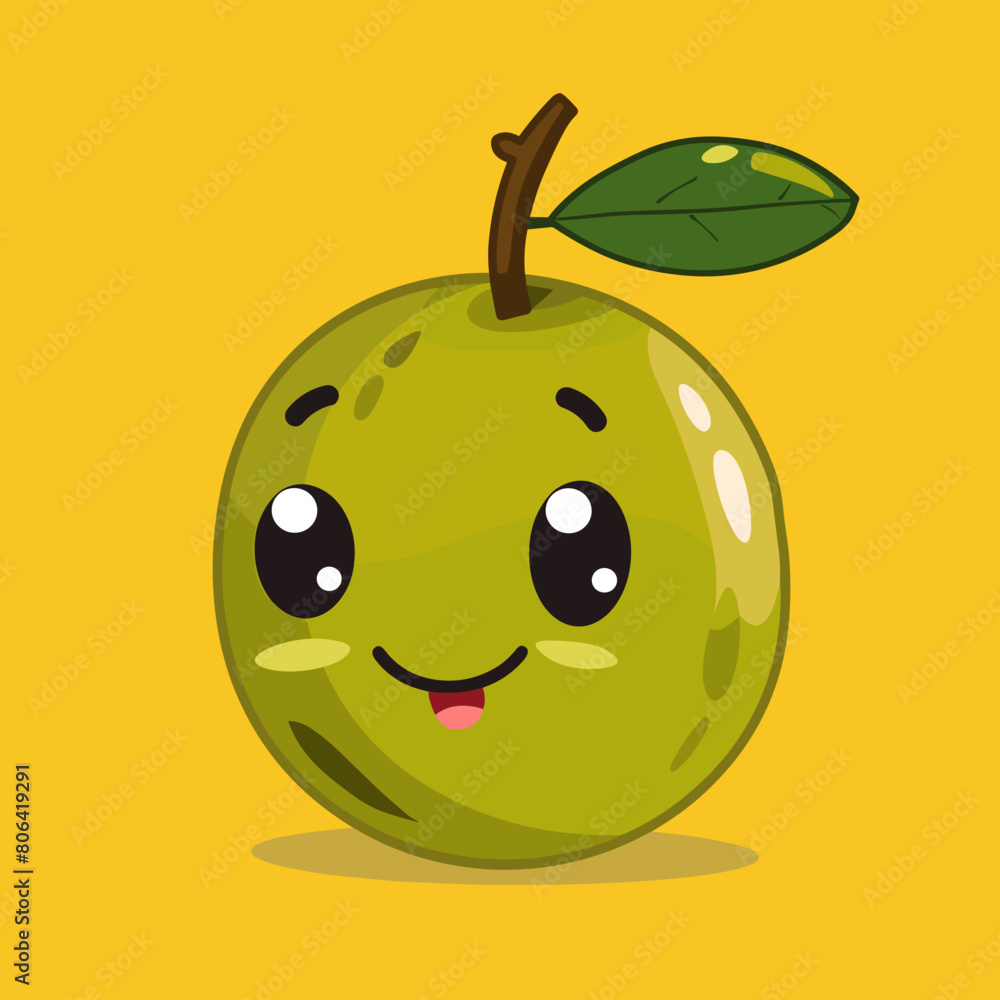 Obraz premium A cartoonish green olive with a smiling face. The olive is smiling and has a leaf on top