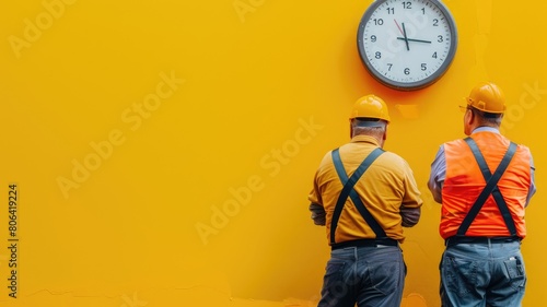 Two construction workers observing large clock on yellow wall photo