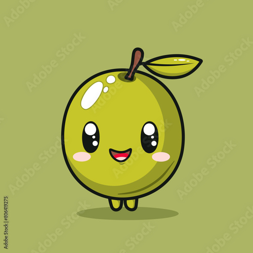 A cartoon character olive with a green face and a green body is standing on a green background. The character is smiling and he is happy
