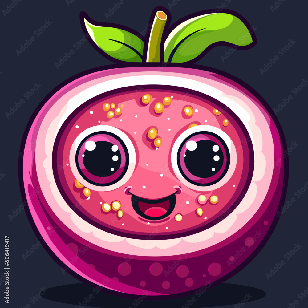 Obraz premium A cartoon Passion fruit with a smiling face and a green leaf on top. The fruit is pink and has a bite taken out of it
