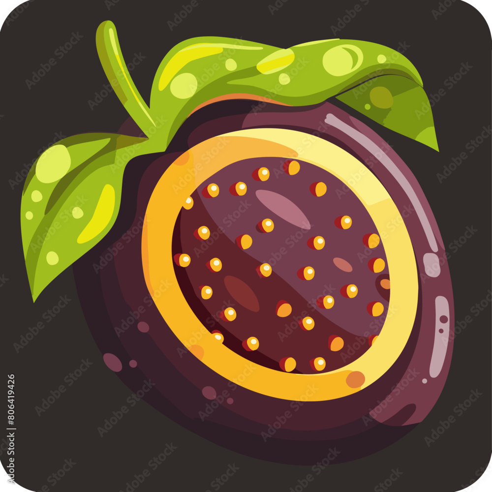 A cartoonish drawing of a Passion fruit with a green leaf on top A cartoonish drawing of a Passion fruit with a green leaf on top