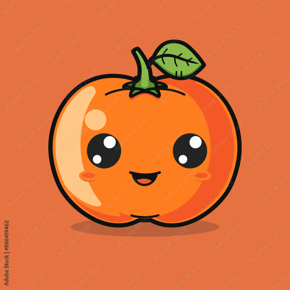 A cartoon orange Persimmon with a smile on its face. The orange is holding its stem and is wearing a green leaf A cartoon orange Persimmon with a smile on its face. The orange is holding its stem and is wearing a green leaf