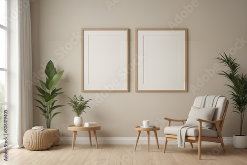 Poster frame mock-up in home interior background  living room in beige and brown colors 3d render