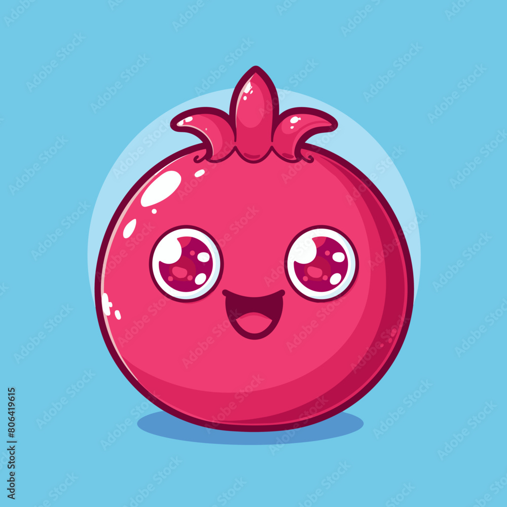 Obraz premium A cartoon Pomegranate with a big smile on its face. The fruit is red and has a green stem